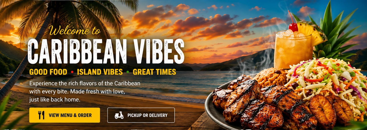 Caribbean sunset with jerk chicken, rice, plantains, slaw and tropical drink