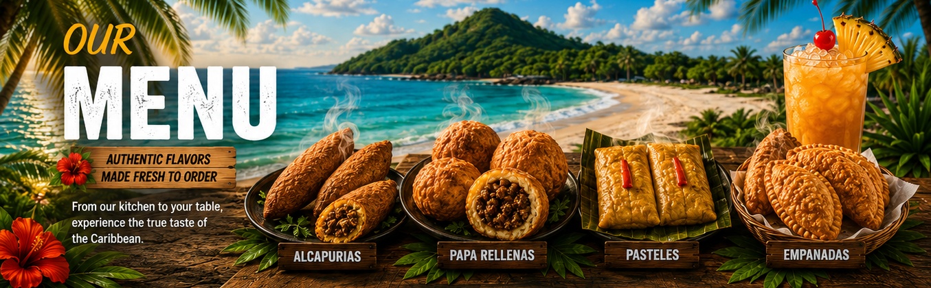 Tropical Caribbean beach with alcapurrias, papa rellenas, pasteles and empanadas